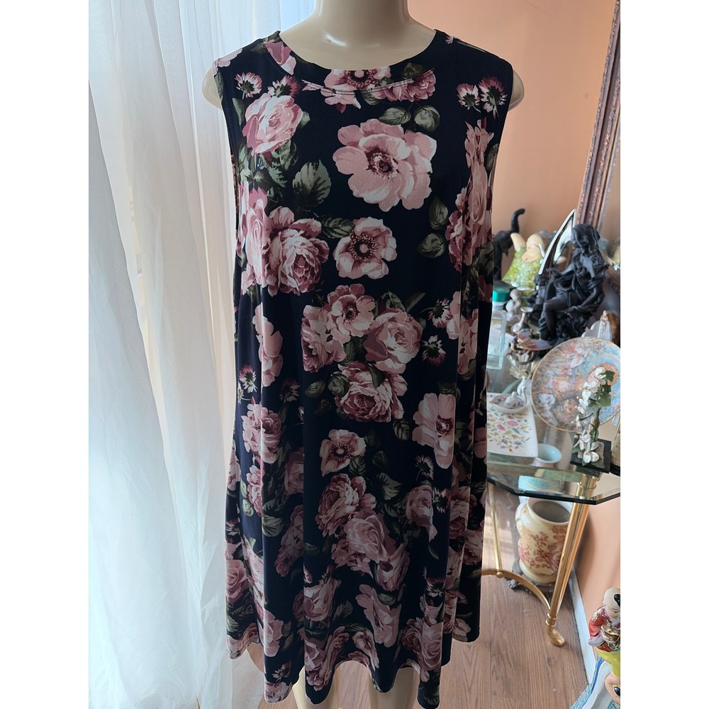 BCX Dress Womens‎ 3X Floral Sleeveless Shift Dress Navy Pink Rose Plus Size